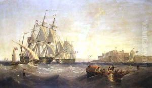Malta, with French ship `Charlemagne' and English ship `Trafalgar' by James Wilson Carmichael