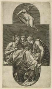 Three Muses And A Putto With A Lyre by Giorgio Ghisi