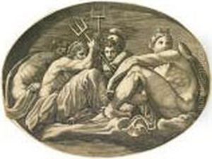 Apollo, Neptune, Pluto And Athena. by Giorgio Ghisi