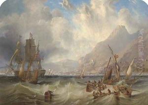 A large Second Rate passing through local small craft off Gibraltar 1858 by James Wilson Carmichael