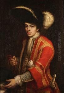 Portrait Of A Young Man, 
Standing Half-length, In A Scarlet Coat, A Plumed Hat And Holding A 
Hound On A Leash At His Side