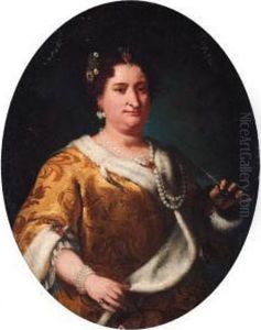 Portrait Of A Lady, Said To Be 
Contessa Maria Suardo, Half-length,wearing An Embroidered Ermine-trimmed
 Yellow Dress, Holding Afan by Vittore Ghislandi