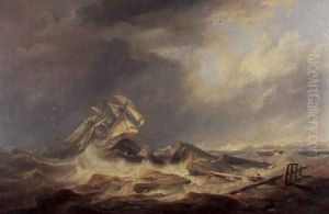 A Schooner Driven Towards Rocks by James Wilson Carmichael