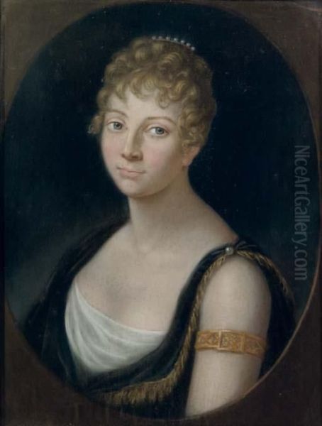 Portrait Of A Lady, Bust-length,
 In A Purple And Gold Dress And A White Chemise, Wearing Pearls In Her 
Hair - view 1
