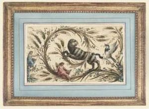 Projet Decoratif Avec Figures 
Drapees, Oiseau Et Lion [, Decorative Project With Draped Figure, A Bird
 And A Lion, Gouache, Pen And Brown Ink ]