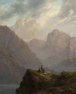 Hirten Vor Gebirgslandschaft Mit See.