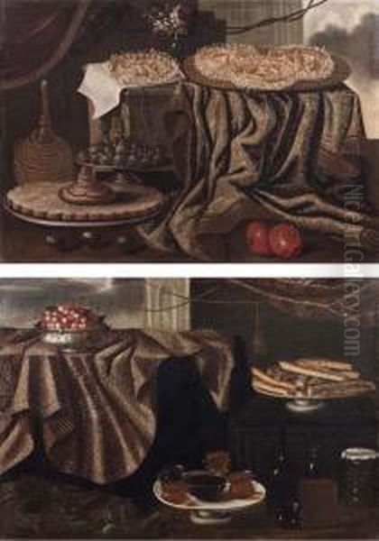 Natura Morta Con Torte, Frutta Candita, Melograne E Fiasco Di Vino - view 1