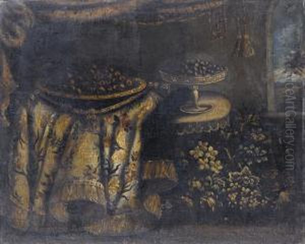 Natura Morta Con Tappeto, Piatto E Alzata Con Frutta E Fiori - view 1