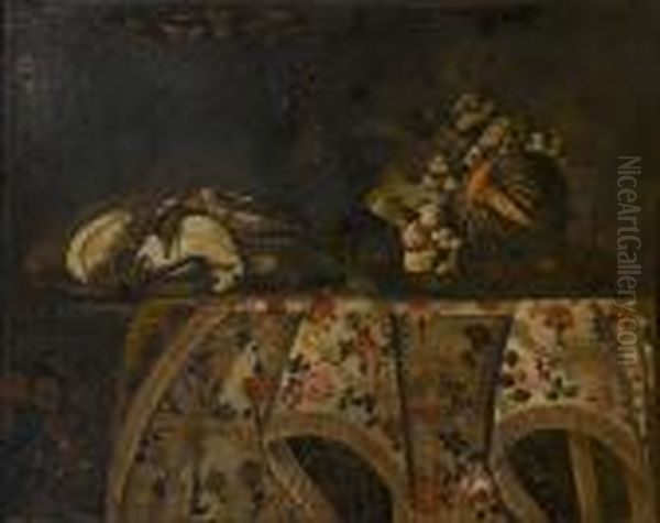 A Melon, Peaches And Grapes And A Dish Of Dead Ducks On A Table Draped With A Carpet - view 1