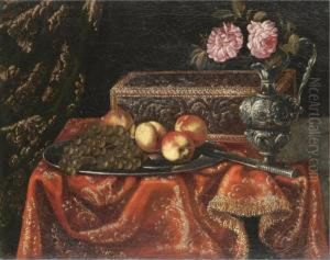 A Still Life With Grapes And
Peaches On A Pewter Plate, Together With An Inlaid Coffer And Roses In A
Pewter Ewer On A Table Draped With A Red Embroidered Cloth by Antonio Gianlisi The Younger