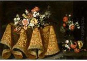 Still Life With A Bouquet Of 
Flowers On A Gold Plate On A Table Draped With A Gold Embroidered Cloth,
 A Vase Of Flowers Beyond