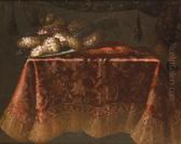 Grapes On A Silver Salver Beside
A Cushion On A Table Draped With A Red And Gold Embroidered Cloth - view 1