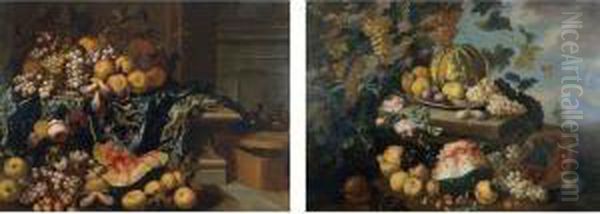 An Interior With A Still Life Of
Peaches, Grapes, Plums, A Melon And Flowers, On A Stone Ledge Draped
With An Embroidered Tablecloth - view 1