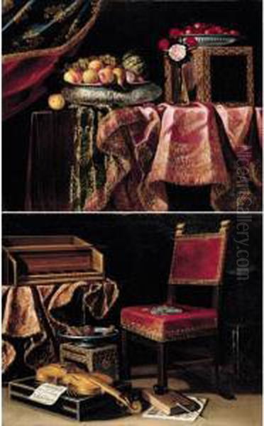 A Still Life Of Fruit And
Cherries In Silver Bowls, Flowers In A Vase And A Jewelry-box, All
Resting On A Table Draped With An Embroidered Carpet; A Still Life Of A
Spinet, A Violin, Sweet-meats In A Tazza, And Coins On A Velvet-covered
Chair, A T - view 1