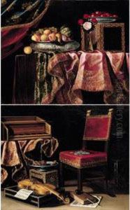 A Still Life Of Fruit And 
Cherries In Silver Bowls, Flowers In A Vase And A Jewelry-box, All 
Resting On A Table Draped With An Embroidered Carpet; A Still Life Of A 
Spinet, A Violin, Sweet-meats In A Tazza, And Coins On A Velvet-covered 
Chair, A T