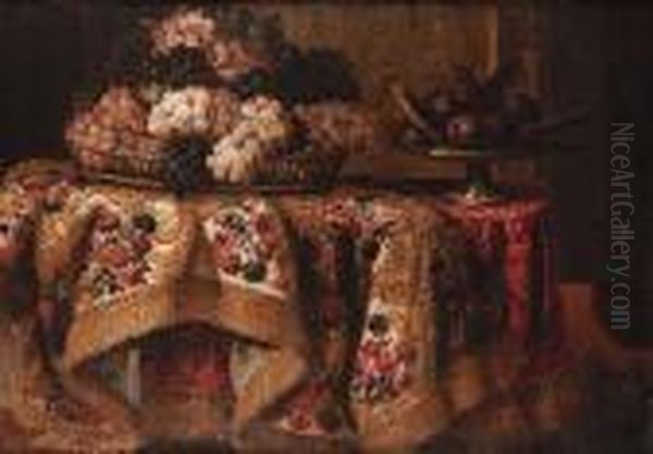 Grapes In A Basket With Sweetmeats On A Salver On A Draped Table - view 1