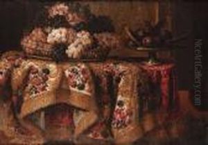 Grapes In A Basket With Sweetmeats On A Salver On A Draped Table
