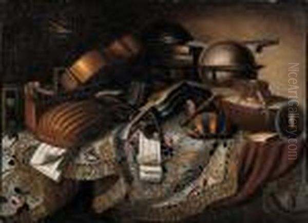 Strumenti Musicali, Spartiti,
Volumi, Una Clessidra Ed Unritrattino Su Un Tavolo Coperto Da Un Drappo
Damascato - view 1