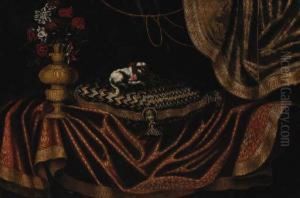 A Toy Spaniel On An Embroidered Cushion With A Vase Of Flowers On Adraped Table A Toy Spaniel On An Embroidered Cushion With A Vase Of Flowers On Adraped Table