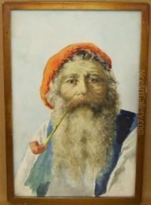 A Bearded Italian Peasant Smoking A Pipe