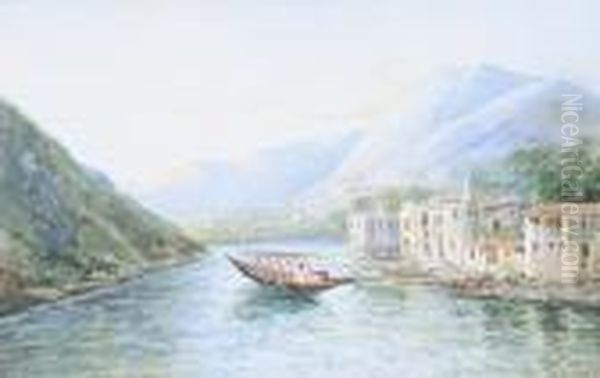 Italian River Scene With Rowing Boat Before Palaces. - view 1