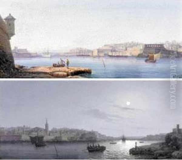 View Of Valetta Harbour; Moonlit View Of Valetta Harbour - view 1