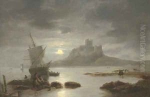 Bamburgh Castle by moonlight, with figures and boats in the foreground