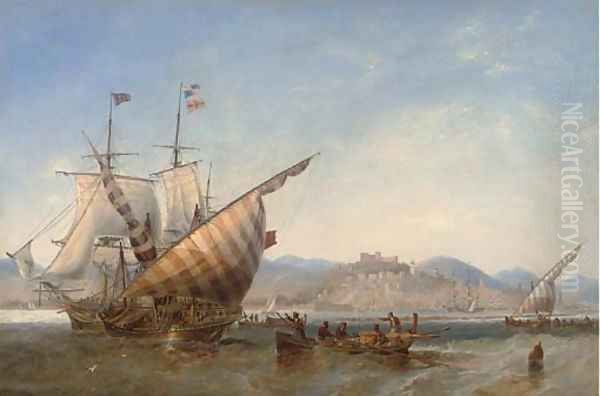 A British frigate and Mediterranean xebecs off Sidon, Lebanon - view 1