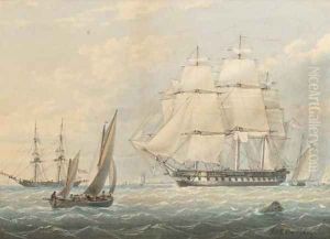 A Royal Naval frigate amidst other shipping at Spithead by James Wilson Carmichael
