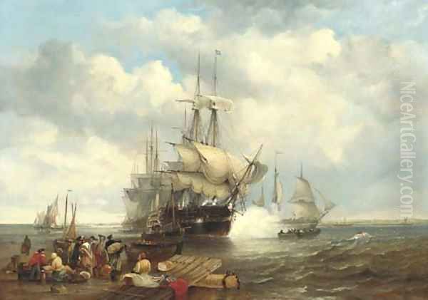 Four Indiamen preparing to leave the lower Thames with passengers embarking in the foreground - view 1