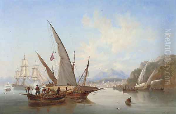 Local craft and a saluting frigate in the bay off Rethymnon, Crete, with the port's citadel rising to the right and Mount Ida in the distance beyond - view 1