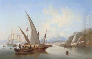 Local craft and a saluting frigate in the bay off Rethymnon, Crete, with the port's citadel rising to the right and Mount Ida in the distance beyond by James Wilson Carmichael