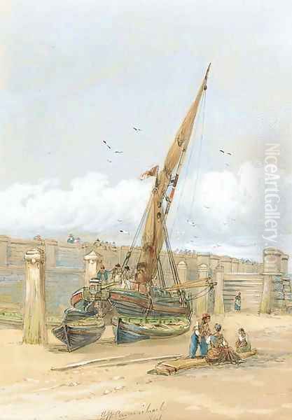 Fishermen gossiping before a beached vessel - view 1