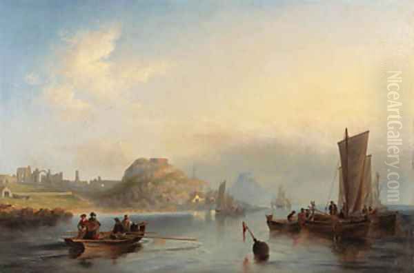 Fishing boats off Holy Island, Northumberland, with Lindisfarne Abbey and castle in the distance - view 1
