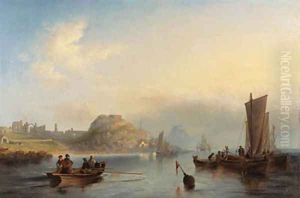 Fishing boats off Holy Island, Northumberland, with Lindisfarne Abbey and castle in the distance by James Wilson Carmichael
