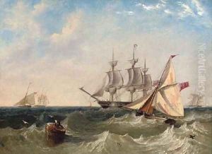 Naval cutters offshore with a frigate coming to anchor, probably at Spithead