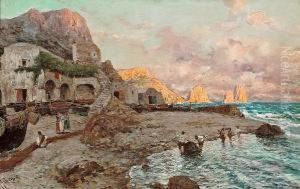 A View Of The Coast Of Capri With Figures Onthe Beach And I Faraglioni Beyond