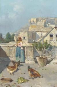 A Neapolitan Girl Feeding The Chickens