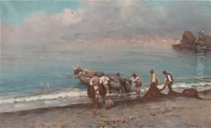 Fishermen Sorting Their Nets On The Neapolitan Coast by Giuseppe Giardiello