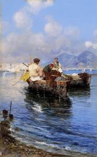 Fishermen In The Naples Bay With The Vesuv In The Background - view 1