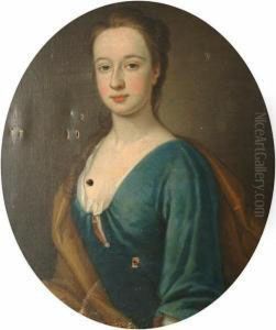 Portrait Of A Lady Bust-length, 
In A Blue Dress With A White Chemise And A Brown Wrap, In A Painted Oval by Thomas Gibson