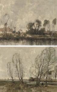A Figure On A River Bank With Cottages Beyond; And A Figure On A Riverside Track