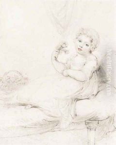 A child, seated on a sofa, holding a posy of flowers by Richard Cosway