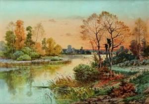 Coucher De Soleil Sur La Riviere by Hippolyte Jean Adam Gide