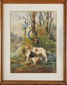 Deux Chiens De Chasse A L'arret by Hippolyte Jean Adam Gide