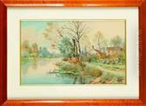 Village En Bord De Riviere by Hippolyte Jean Adam Gide