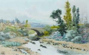 Paysage Au Pont Avec Un Clocher D'eglise Paysage Au Pont Avec Un Clocher D'eglise