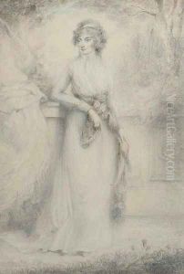 Portrait of a lady, small full-length, standing before a balustrade by Richard Cosway
