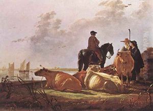 Peasants with Four Cows by the River Merwede by Aelbert Cuyp