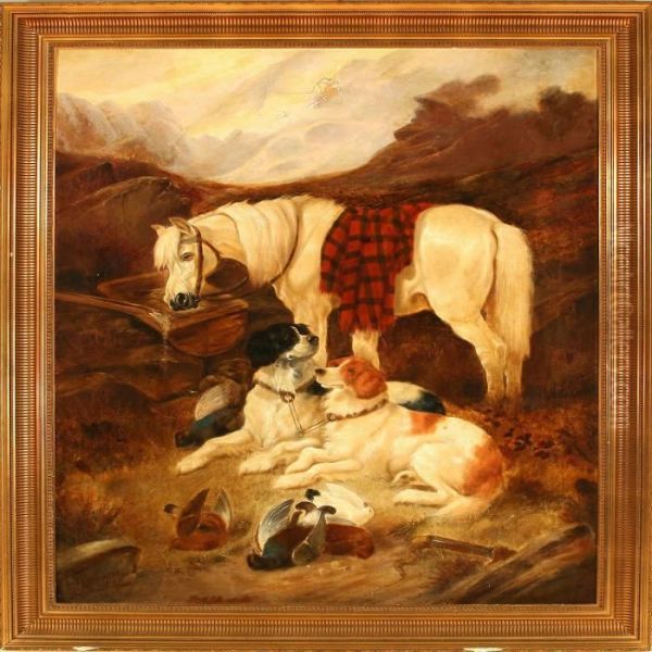 A Horse And Two Dogs Resting In The Mountains - view 1